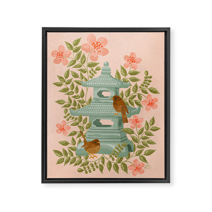 Serene Pagoda with Blossoms and Birds Framed Canvas Print Gallery Image 1