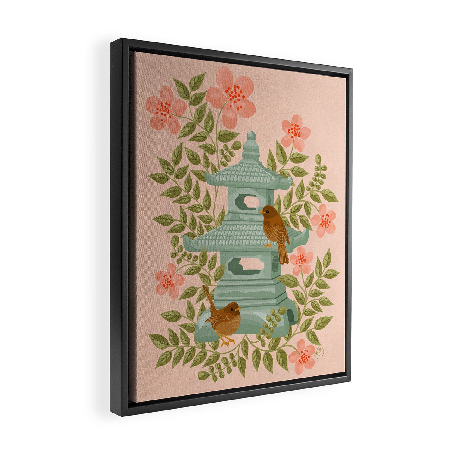 Serene Pagoda with Blossoms and Birds Framed Canvas Print Gallery Image 2