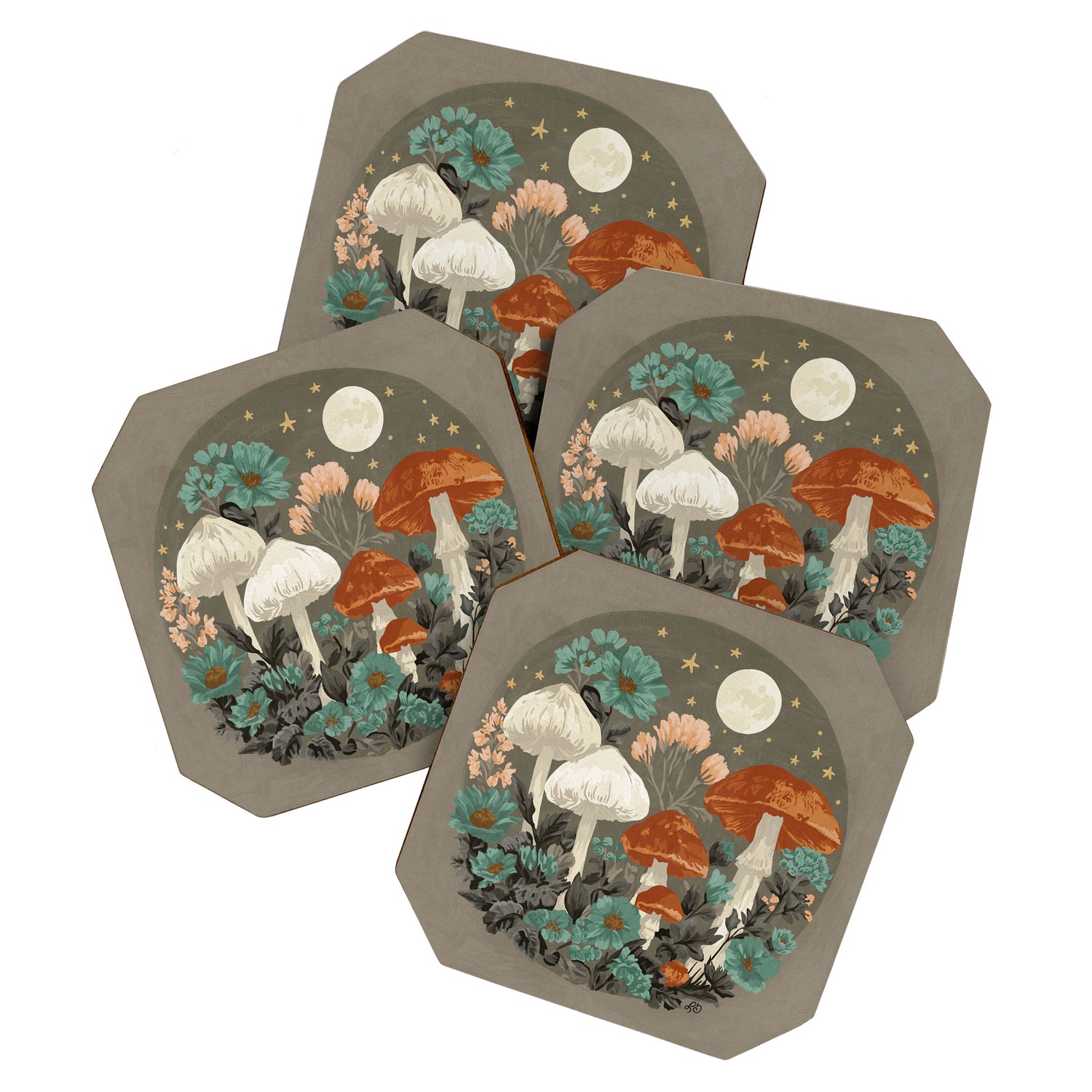 Vintage Moonlit Mushrooms Coaster Gallery Image 1