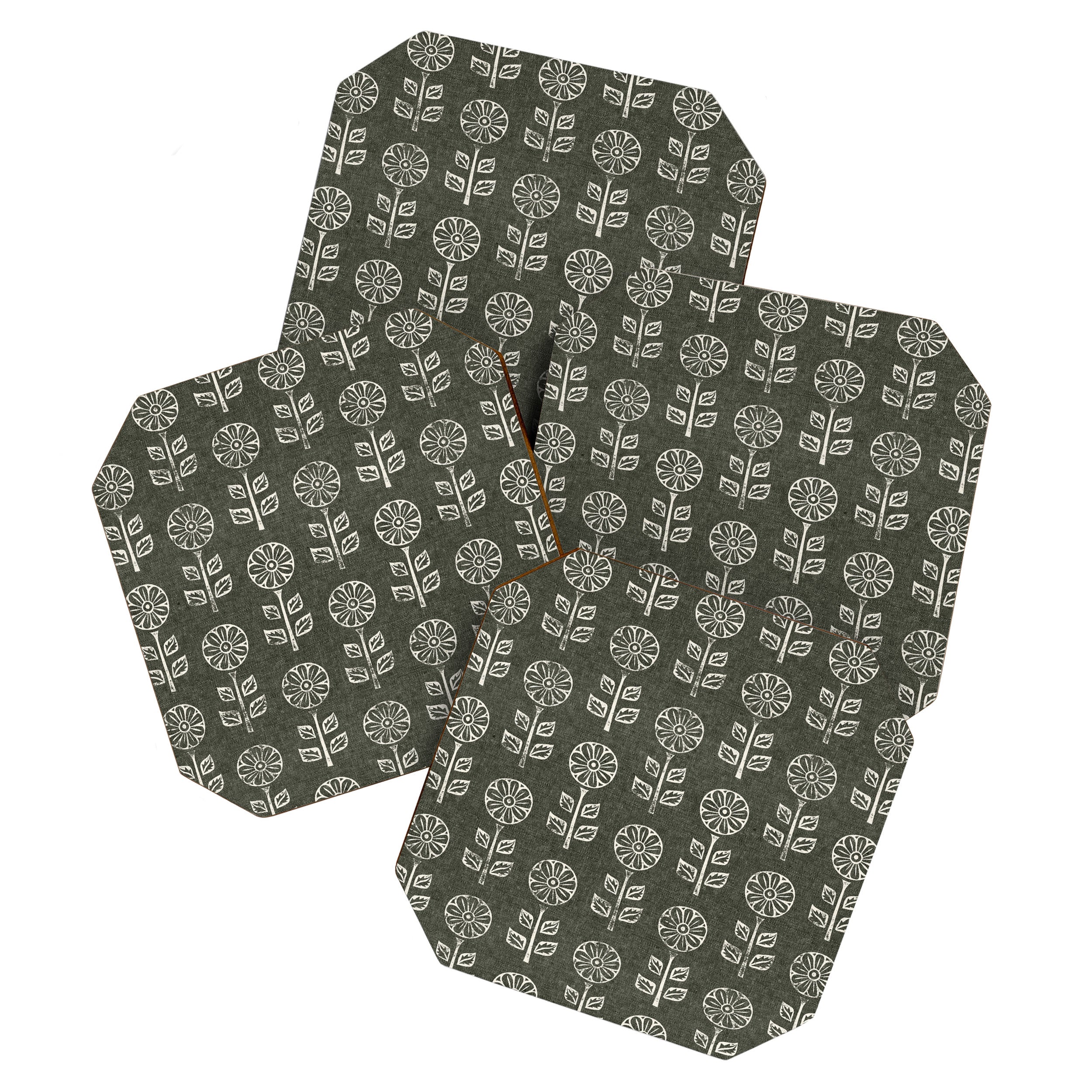 block print floral - dark olive Coaster Gallery Image 1