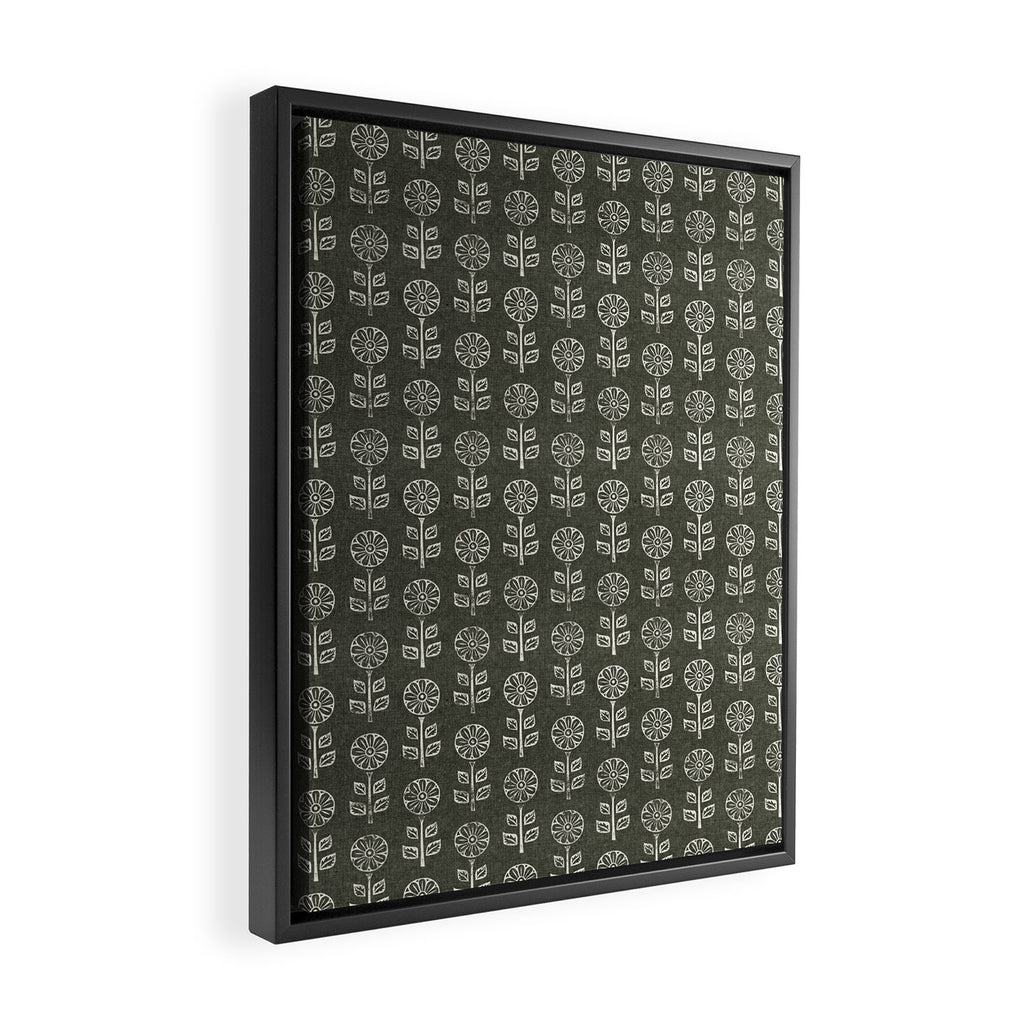 block print floral - dark olive Framed Canvas Print Gallery Image 2