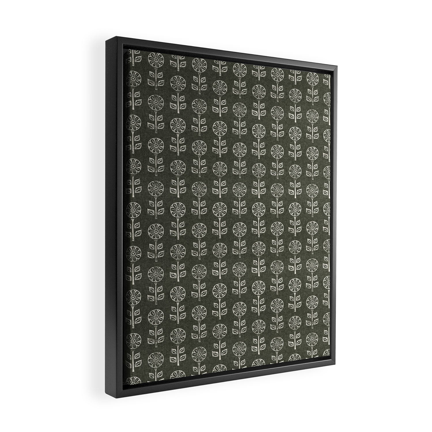 block print floral - dark olive Framed Canvas Print Gallery Image 2