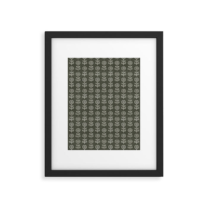 block print floral - dark olive Framed Art Print Gallery Image 1