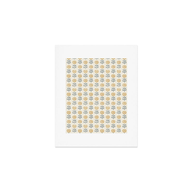 block print floral - mustard blue cream Art Print Gallery Image 1
