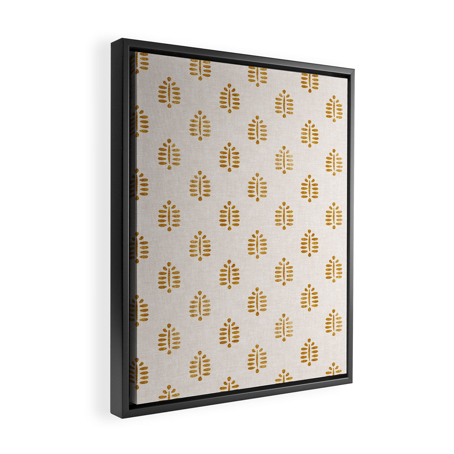 block print palm in golden on natural Framed Canvas Print Gallery Image 2