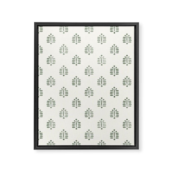 block print palm in sage on cream Framed Canvas Print Gallery Image 1