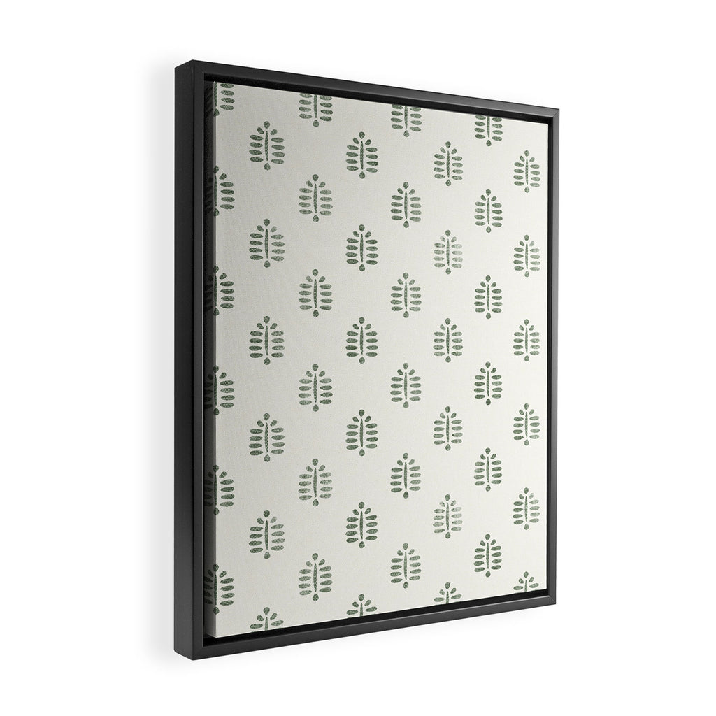 block print palm in sage on cream Framed Canvas Print Gallery Image 2