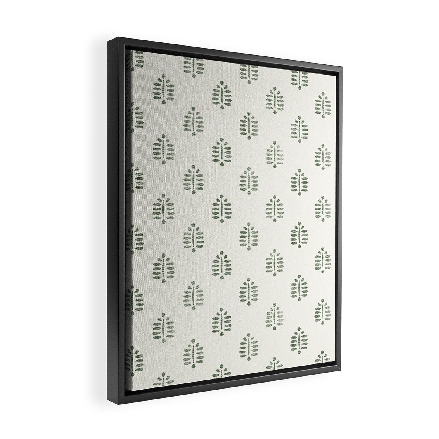 block print palm in sage on cream Framed Canvas Print Gallery Image 2