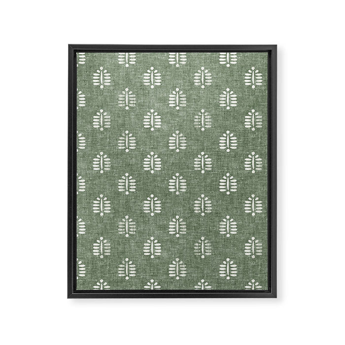block print palm on sage Framed Canvas Print Gallery Image 1