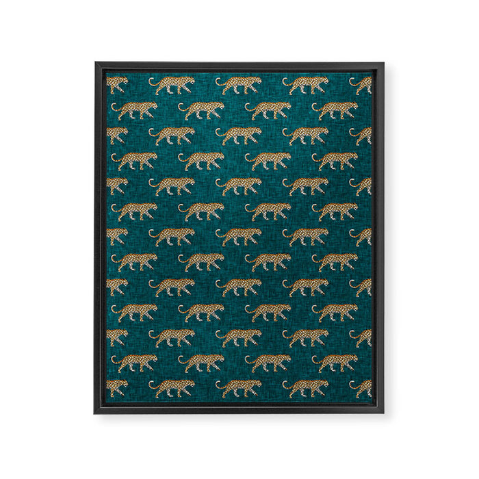 leopards walking - teal Framed Canvas Print Gallery Image 1