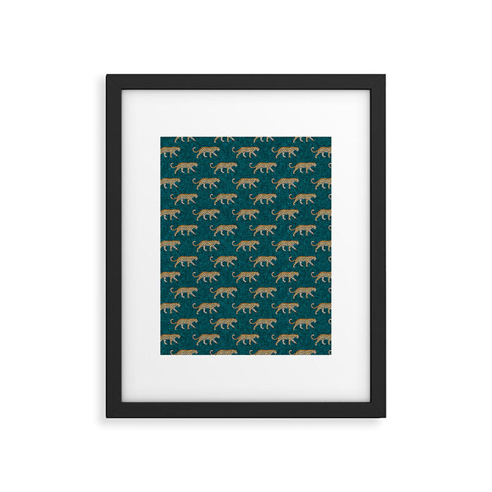 leopards walking - teal Framed Art Print Gallery Image 1