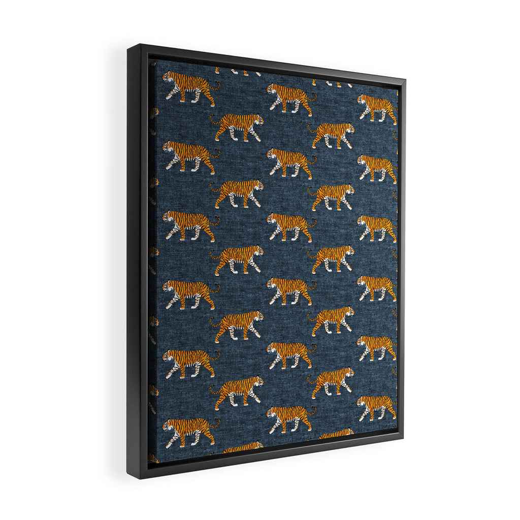 walking tigers - blue Framed Canvas Print Gallery Image 2