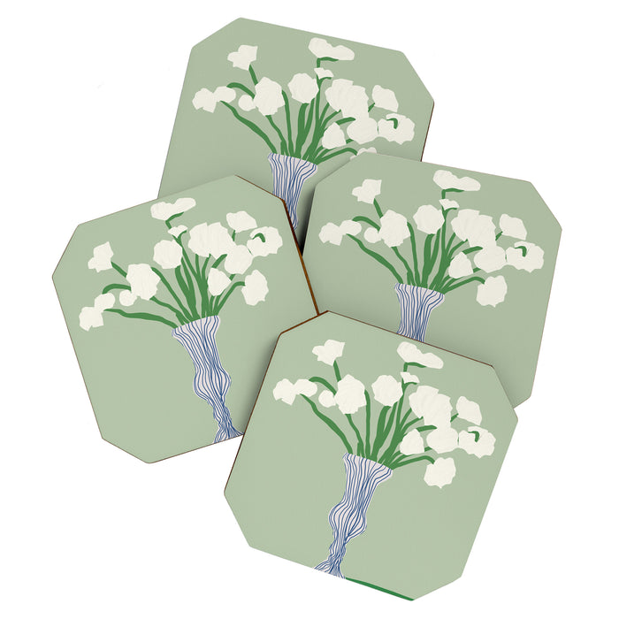 Green background porcelain white flowers Coaster Gallery Image 1