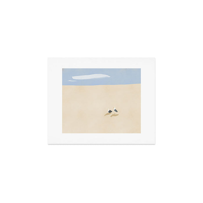 Minimal sand beach with seagulls Art Print Gallery Image 1