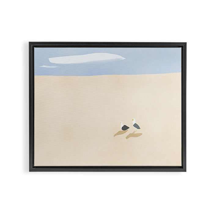 Minimal sand beach with seagulls Framed Canvas Print Gallery Image 1