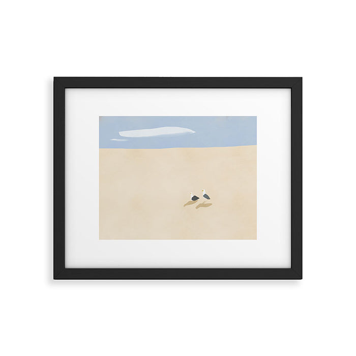 Minimal sand beach with seagulls Framed Art Print Gallery Image 1
