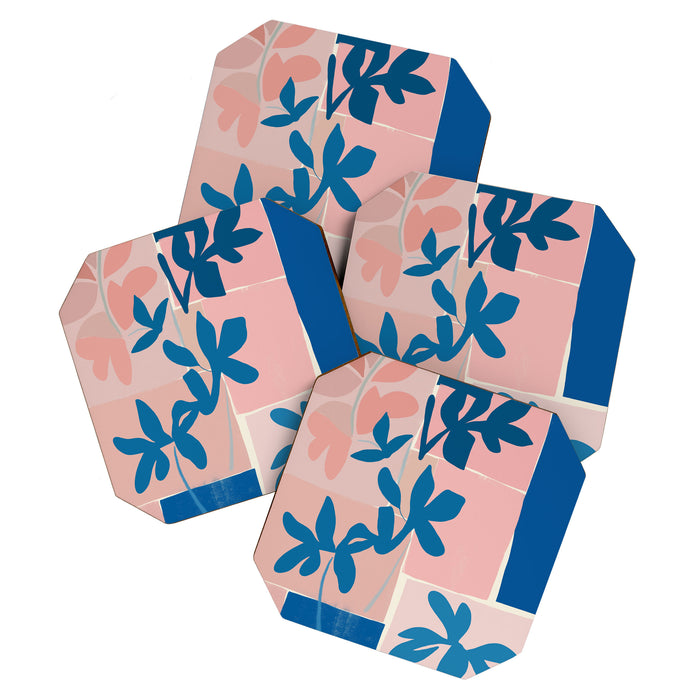 Pink Blue leaves composition Coaster Gallery Image 1