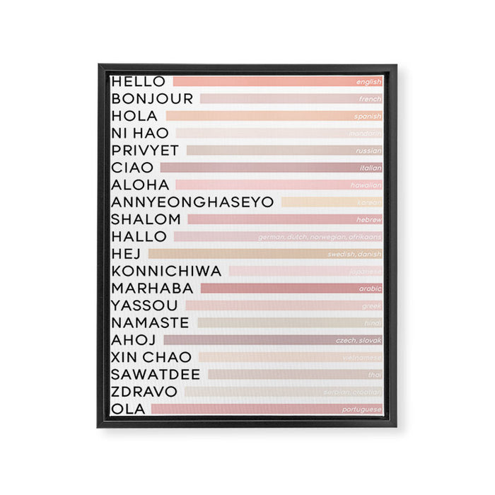 Hello In Different Languages - Pink Beige Framed Canvas Print Gallery Image 1