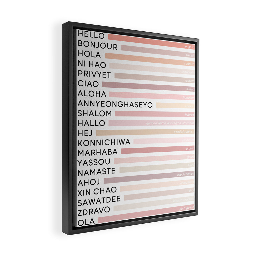 Hello In Different Languages - Pink Beige Framed Canvas Print Gallery Image 2