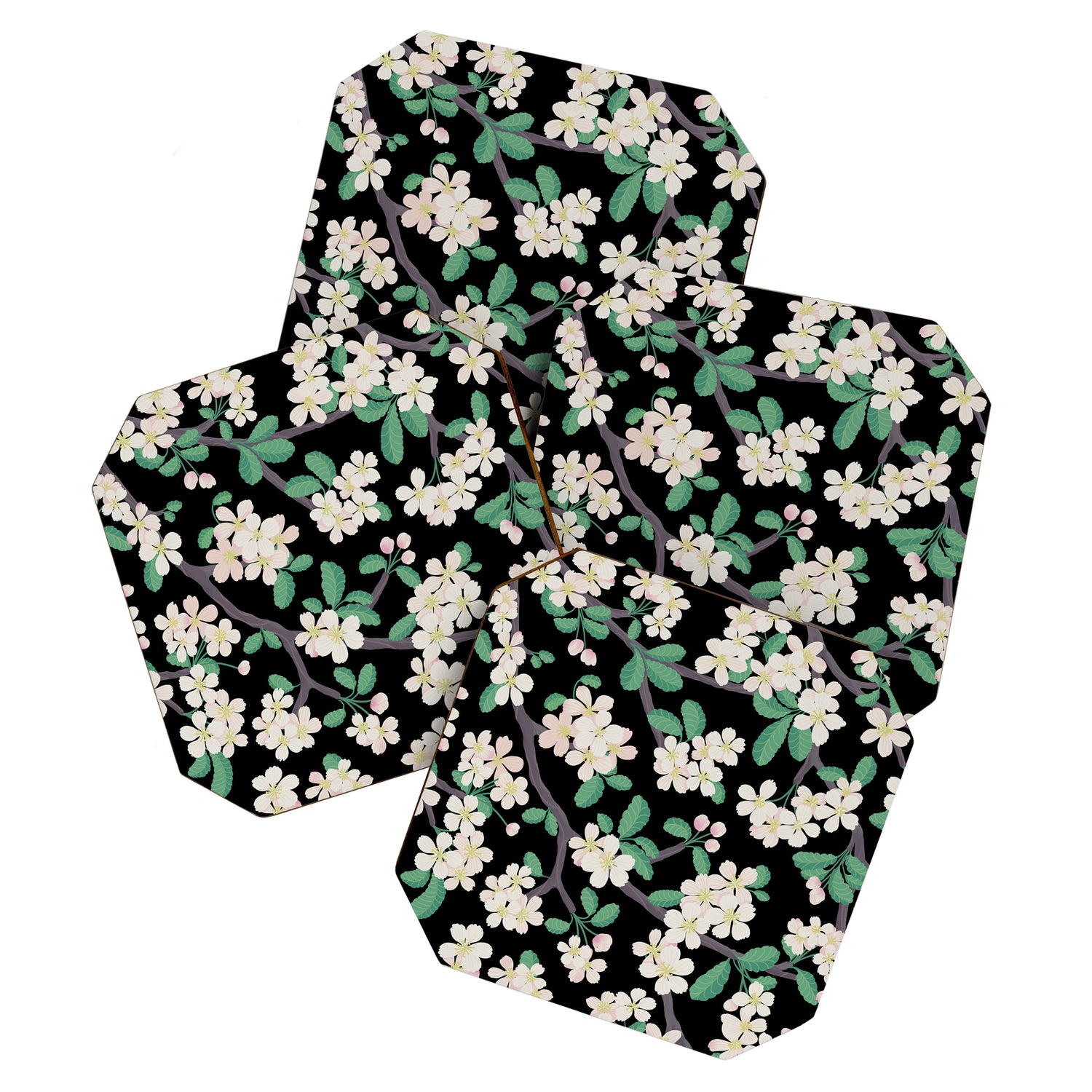 Apple Blossom Pattern on Black Coaster Gallery Image 1
