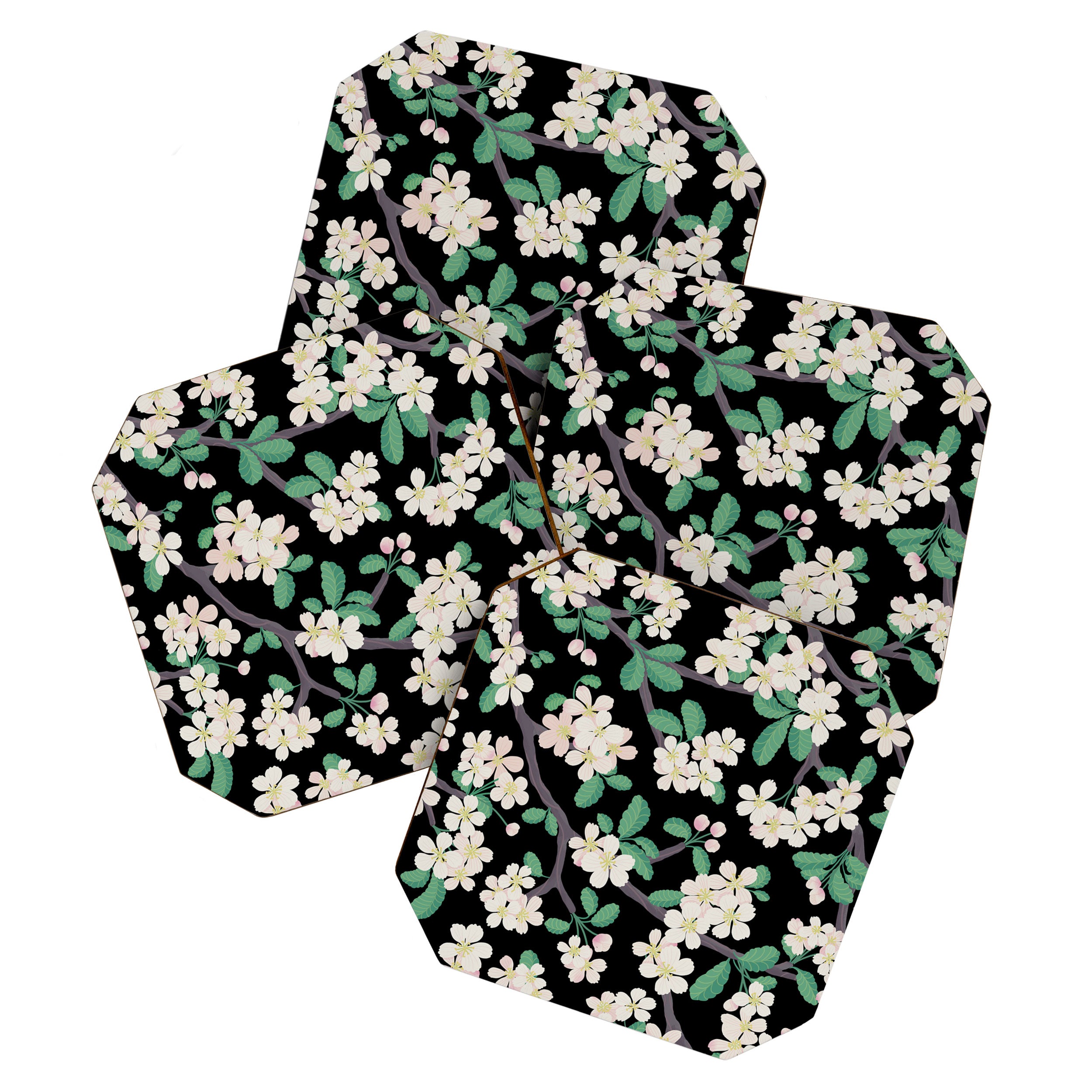 Apple Blossom Pattern on Black Coaster Gallery Image 1