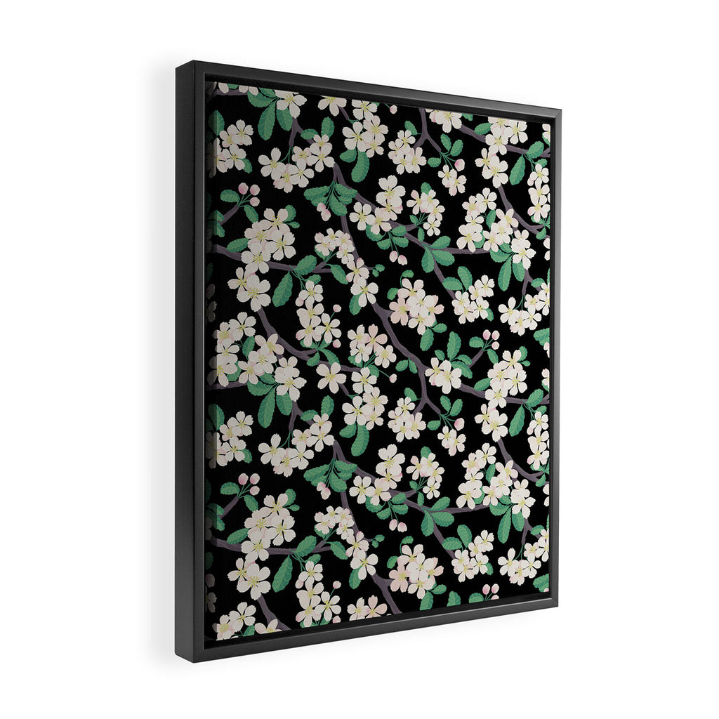 Apple Blossom Pattern on Black Framed Canvas Print Gallery Image 2