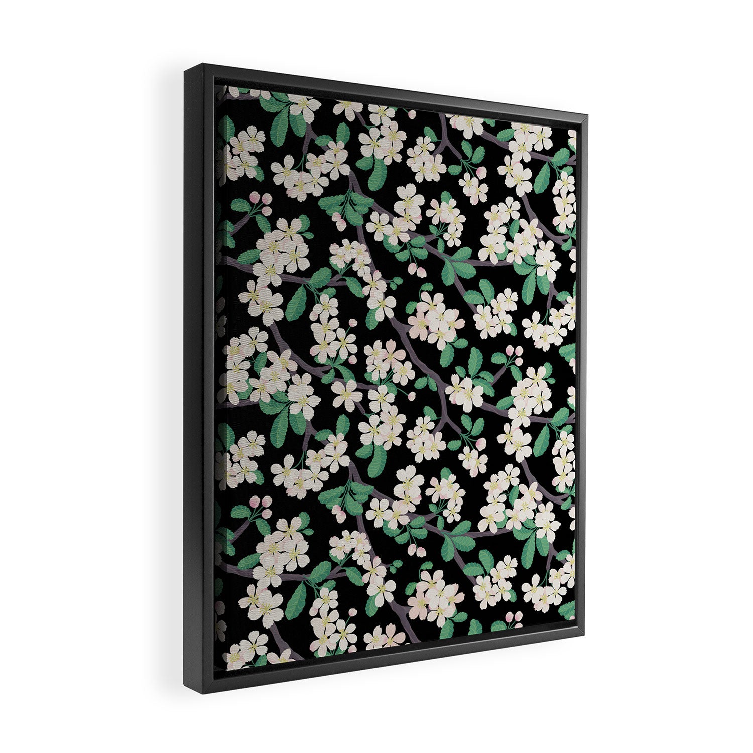 Apple Blossom Pattern on Black Framed Canvas Print Gallery Image 2