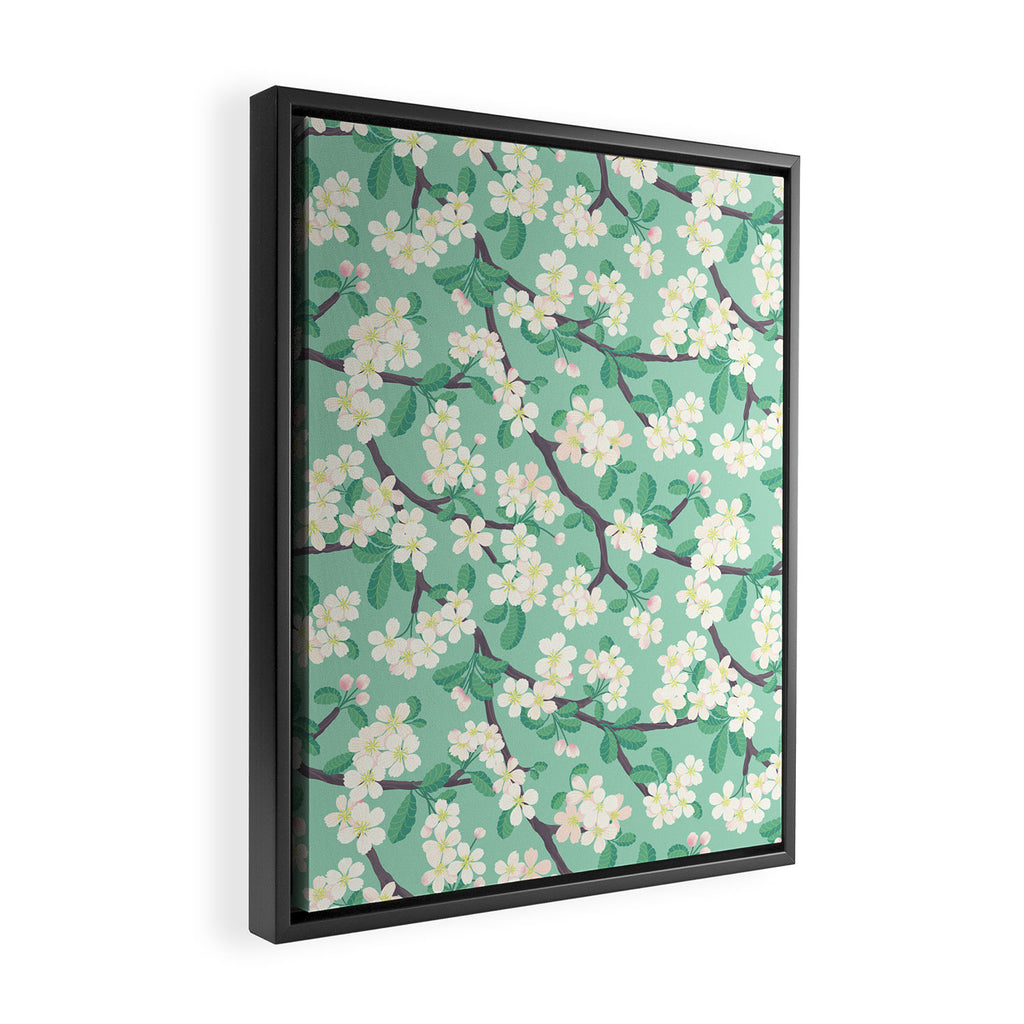 Apple Blossoms Pattern on Green Framed Canvas Print Gallery Image 2