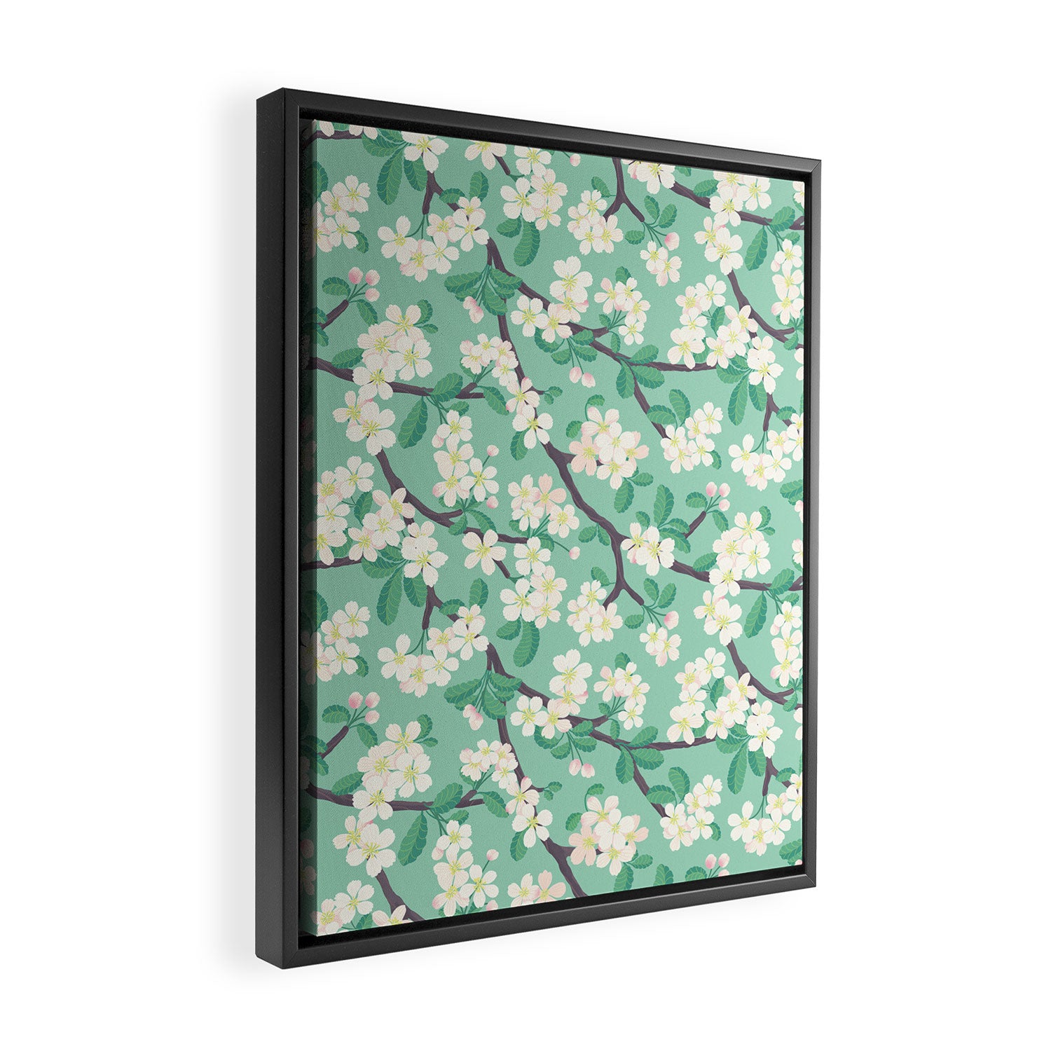 Apple Blossoms Pattern on Green Framed Canvas Print Gallery Image 2