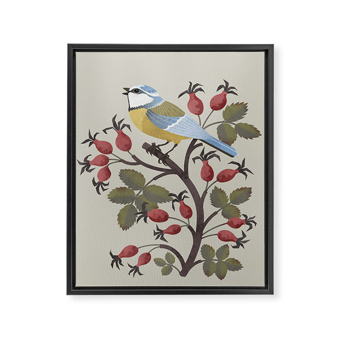 Blue Tit on Red Rose Hips Framed Canvas Print Gallery Image 1
