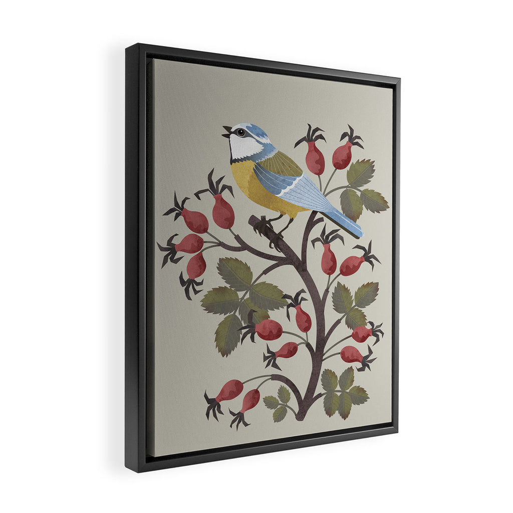 Blue Tit on Red Rose Hips Framed Canvas Print Gallery Image 2