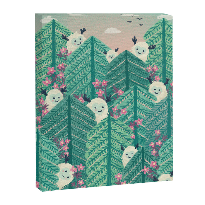 Creatures of the Forest in Springtime (Cute Yetis Hiding Whimsical Nature Art) Canvas Print Gallery Image 1