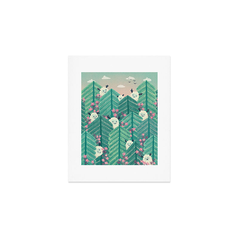 Creatures of the Forest in Springtime (Cute Yetis Hiding Whimsical Nature Art) Art Print Gallery Image 1