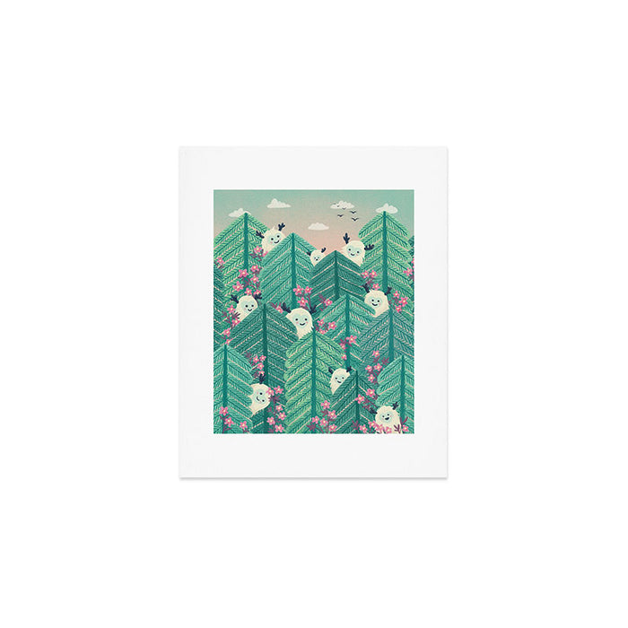 Creatures of the Forest in Springtime (Cute Yetis Hiding Whimsical Nature Art) Art Print Gallery Image 1