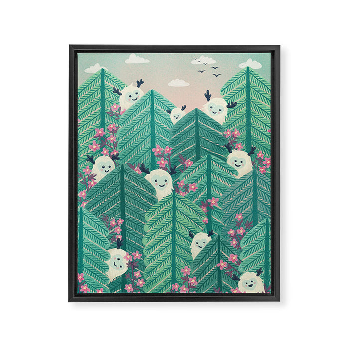 Creatures of the Forest in Springtime (Cute Yetis Hiding Whimsical Nature Art) Framed Canvas Print Gallery Image 1