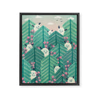 Creatures of the Forest in Springtime (Cute Yetis Hiding Whimsical Nature Art) Framed Canvas Print Gallery Image 6