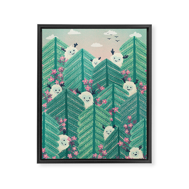 Creatures of the Forest in Springtime (Cute Yetis Hiding Whimsical Nature Art) Framed Canvas Print Gallery Image 6