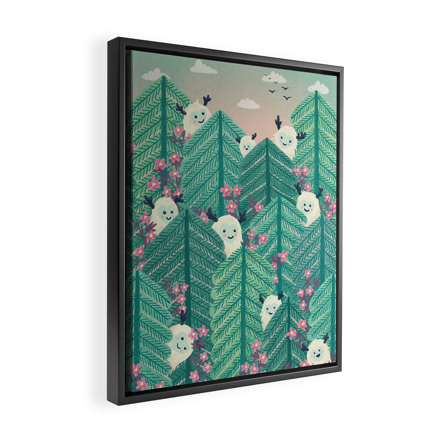 Creatures of the Forest in Springtime (Cute Yetis Hiding Whimsical Nature Art) Framed Canvas Print Gallery Image 2
