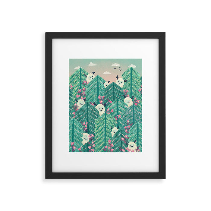 Creatures of the Forest in Springtime (Cute Yetis Hiding Whimsical Nature Art) Framed Art Print Gallery Image 1
