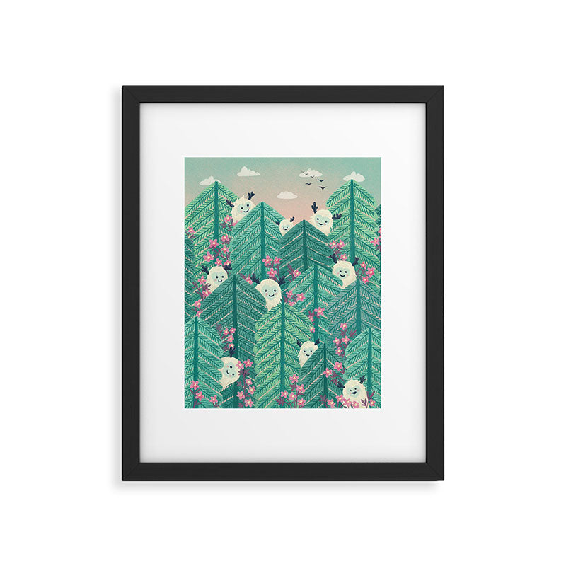 Creatures of the Forest in Springtime (Cute Yetis Hiding Whimsical Nature Art) Framed Art Print Gallery Image 5