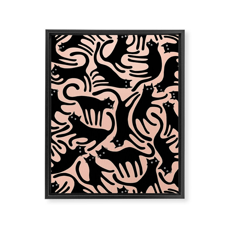 Curious Black Cats on Peachy Pink Framed Canvas Print Gallery Image 3