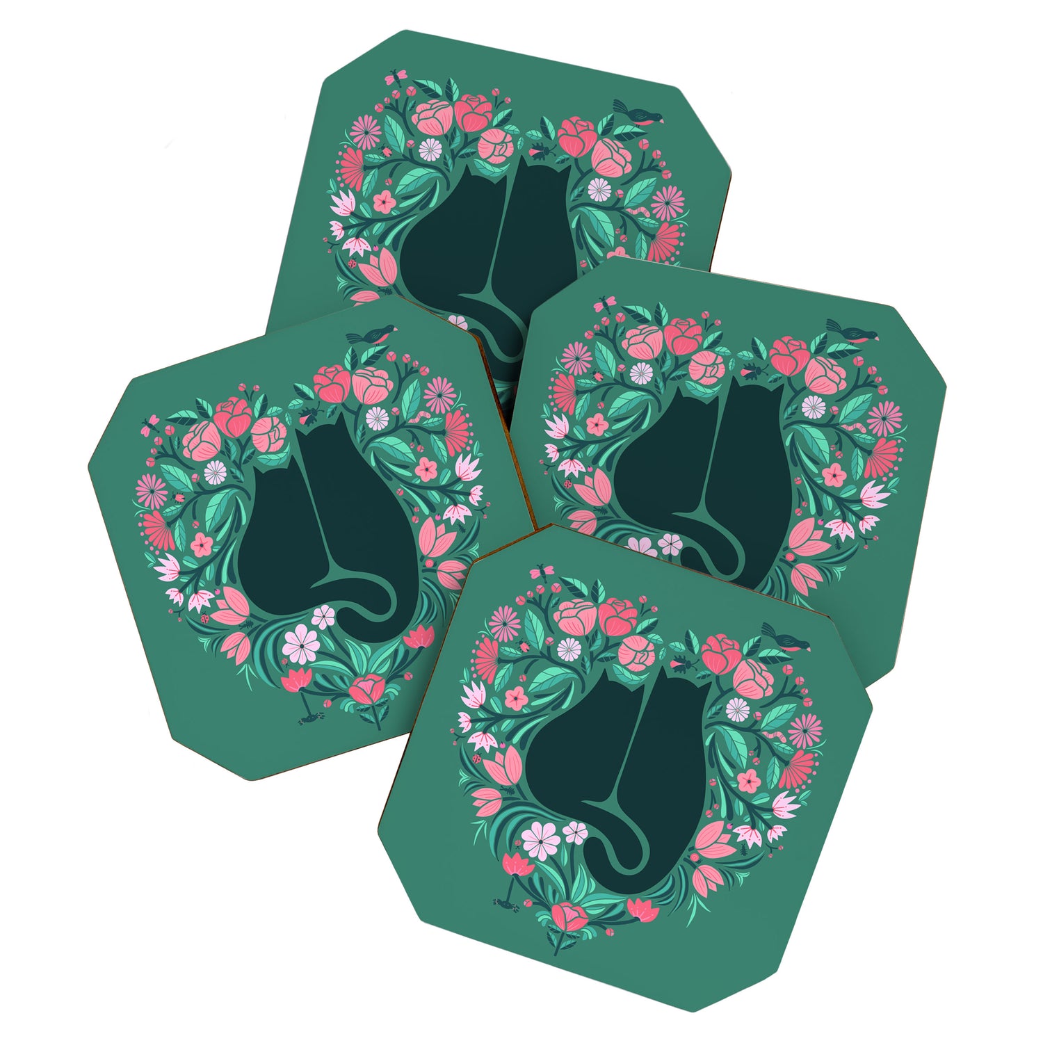 I Heart Cats and Flowers (in Green) Coaster Gallery Image 1