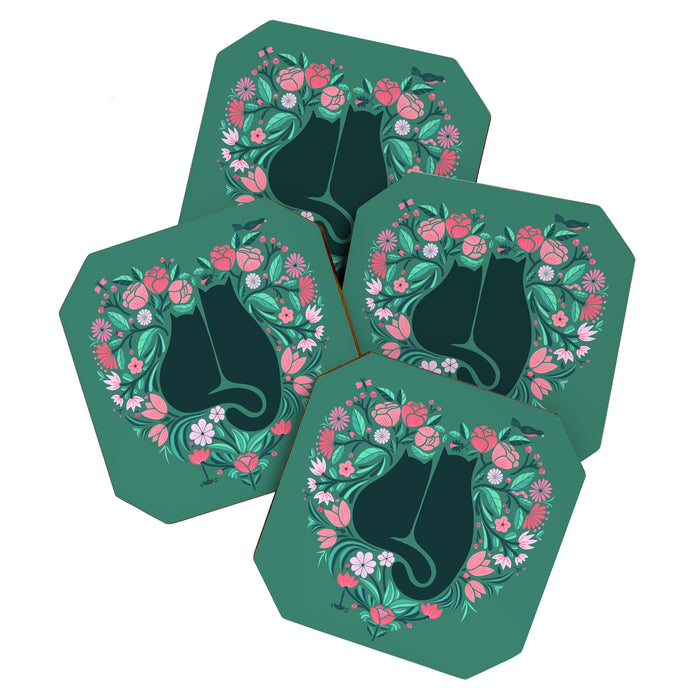 I Heart Cats and Flowers (in Green) Coaster Gallery Image 1