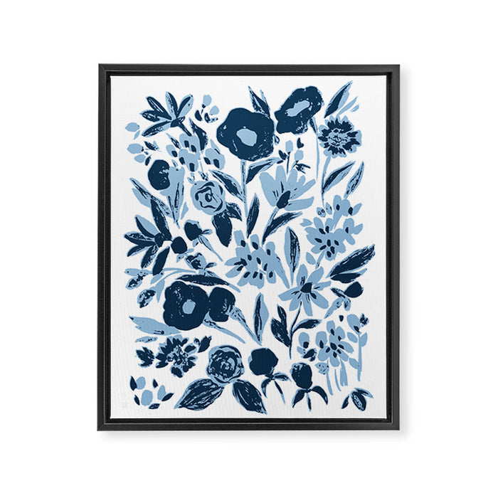 Blue monochrome artsy wildflowers Framed Canvas Print Gallery Image 1
