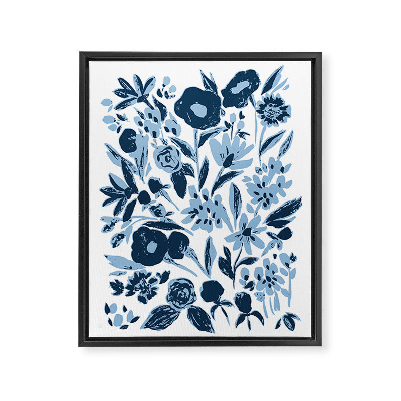 Blue monochrome artsy wildflowers Framed Canvas Print Gallery Image 6