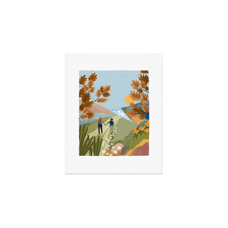 Couple Hiking Through colorful landscape Art Print Gallery Image 1