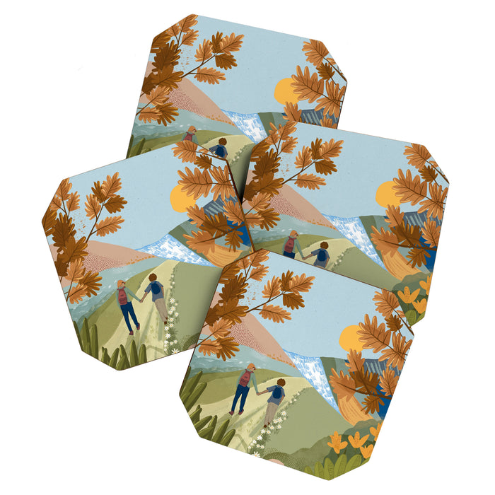 Couple Hiking Through colorful landscape Coaster Gallery Image 1