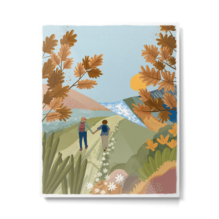 Couple Hiking Through colorful landscape Metal Print Gallery Image 1