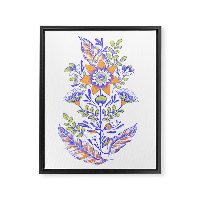 Folk Floral Blue Green Orange Framed Canvas Print Gallery Image 1