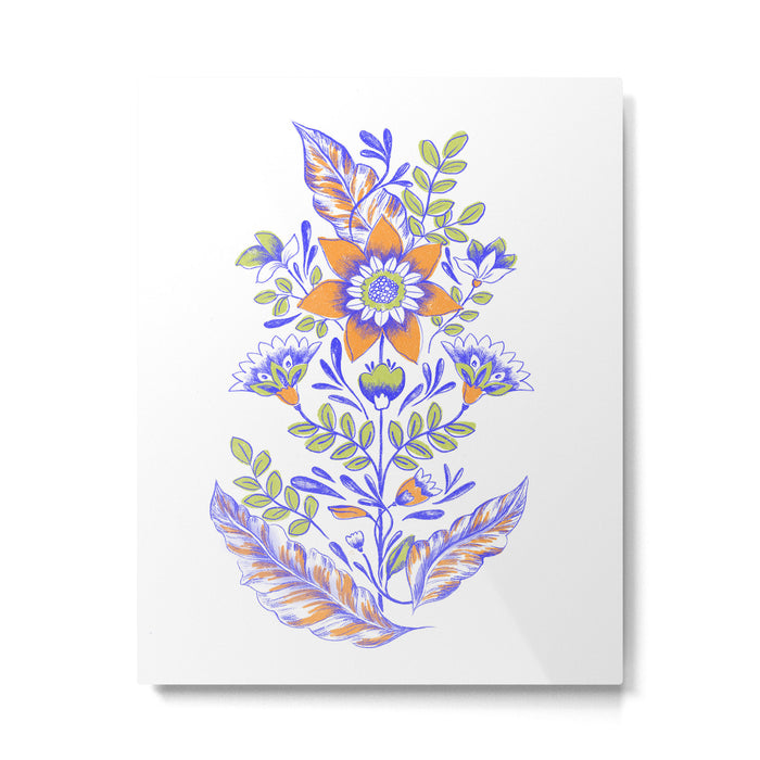 Folk Floral Blue Green Orange Metal Print Gallery Image 1